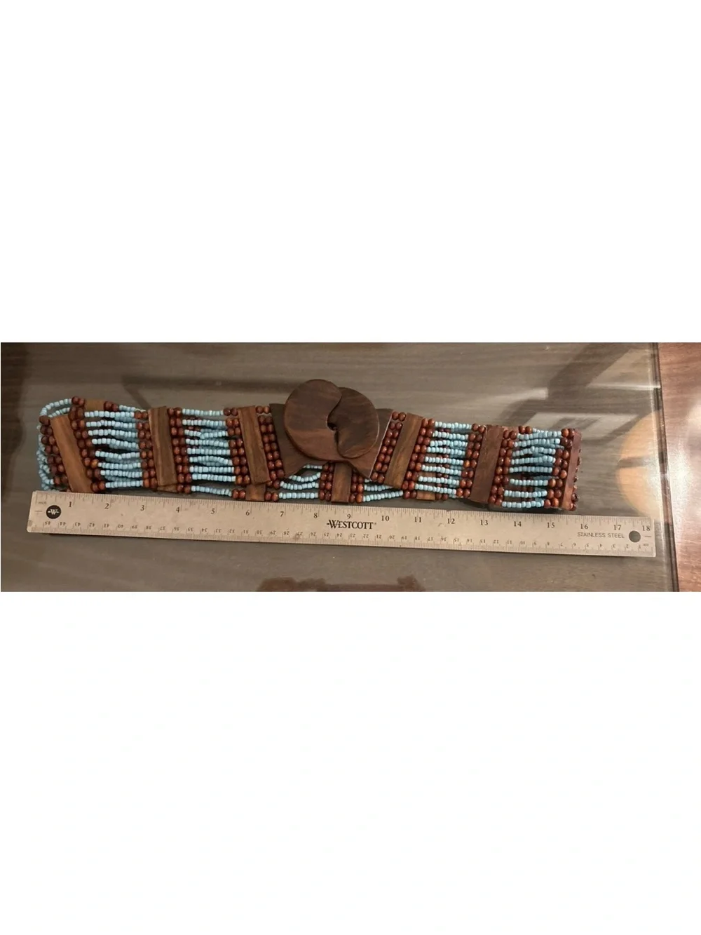 Beaded Wooden Waist Belt - Light Blue/Wood